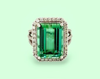 Vintage 14k White Gold Emerald Cut Green Tourmaline Diamond Halo Ring, Size 6.5