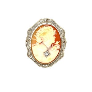 14k White Gold Filigree Shell Cameo Pin/Pendant w/ Old European Cut Diamond. Circa 1940.