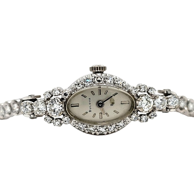 Vintage 14k white gold & diamond Bulova ladie's mechanical wristwatch. 6.25" length image 5