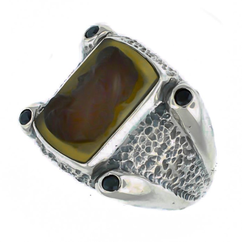 Agate Cameo and Black Diamond Sterling Silver Statement Ring Size 10