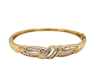 14k Yellow Gold & Diamond Channel Set Baguette Hinged Bangle Bracelet.