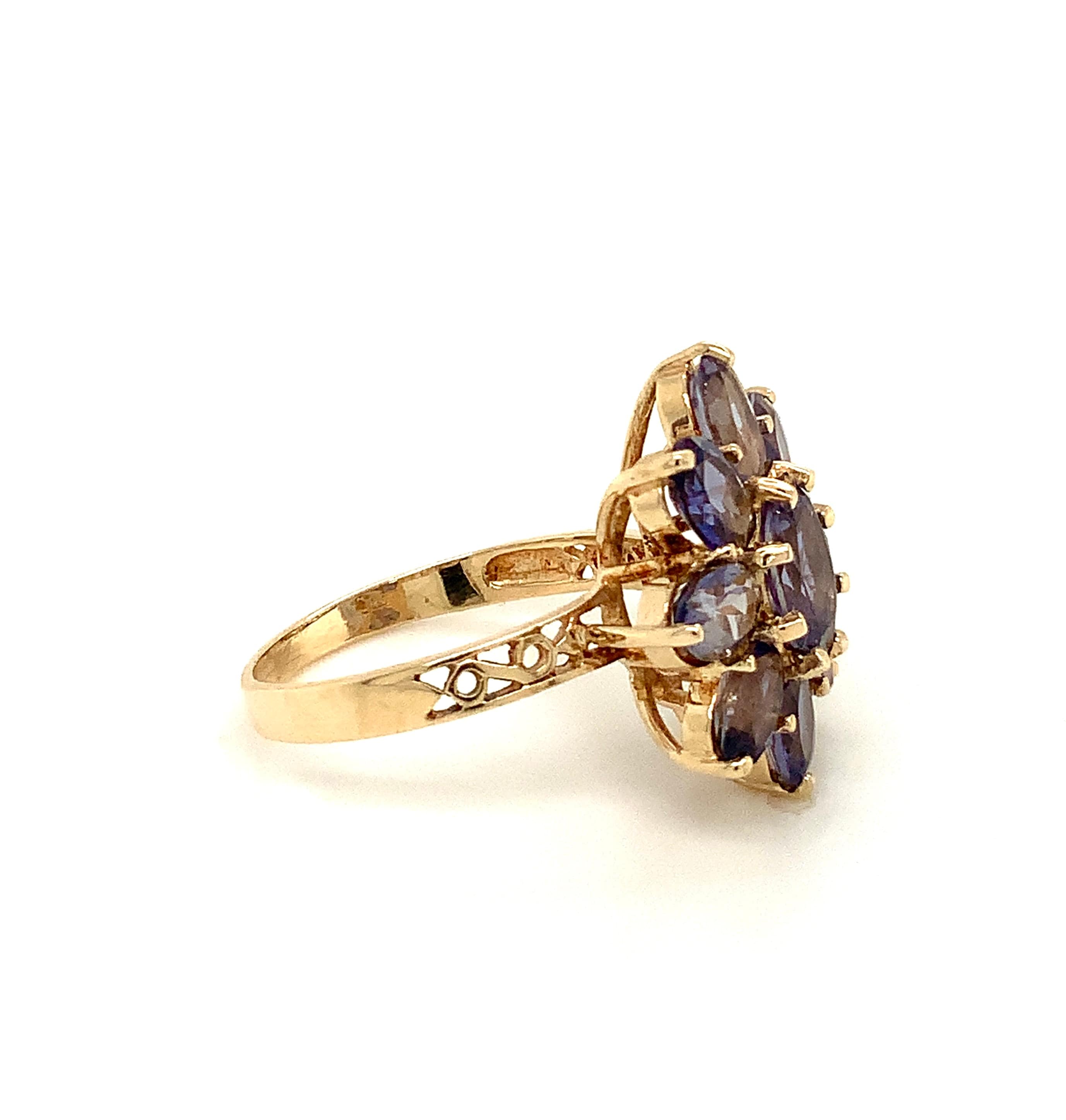 10k Yellow Gold Size 8 Oval Iolite Cluster Ring Circa 2000