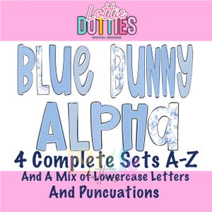 以下が含まれることがあります： ライトブルーの「BLUE BUNNY ALPHA」の文字が特徴のデジタルデザイン。花柄とギンガムチェックのパターンを使用。画像には「4 Complete Sets A-Z」と「And A Mix of Lowercase Letters And Punctuations」の文字も含まれています。背景はピンクと白です。