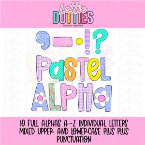 May include: A digital design featuring the text "PASTEL ALPHA" in various colors and patterns, including polka dots and gingham. The design also includes punctuation marks and the text "10 FULL ALPHAS A-Z INDIVIDUAL LETTERS MIXED UPPER AND LOWERCASE PLUS PLUS PUNCTUATION".
