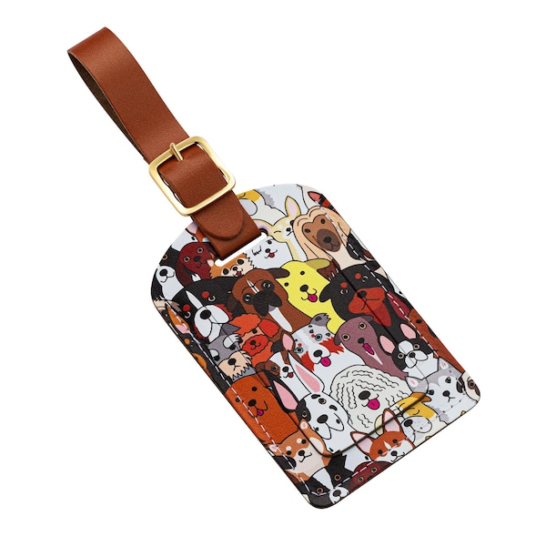 Dog Print Recycled Leather Luggage Tag: Label for Suitcase Bag, UK Travel Gift Accessory