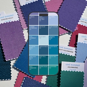 May include: A color chart with swatches of blue, teal, and turquoise colors. The chart is labeled "cool summer" and includes names for each color, such as "Lobella", "Soft Forget-Me-Not", and "Blue Yonder".