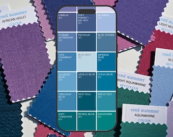 May include: A color chart with swatches of blue, teal, and turquoise colors. The chart is labeled "cool summer" and includes names for each color, such as "Lobella", "Soft Forget-Me-Not", and "Blue Yonder".