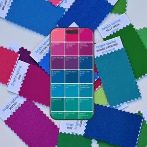 Pode incluir: Uma carta de cores na tela de um smartphone mostrando diferentes tons de azul, verde, roxo e rosa. A carta é cercada por amostras de tecido em várias cores.