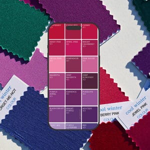 May include: A colour chart with a grid of 16 different shades of pink, purple, and red. The chart is labelled with the colour names and the letter "C" in parentheses, which may stand for "colour". The chart is on a white background with fabric swatches in various shades of pink, purple, and red.