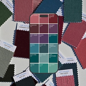 May include: A colour palette chart with 16 different fabric swatches. The swatches are arranged in a grid pattern and labelled with colour names like "Vintage Rose", "Antique Peach", "Soft Olive", "Crushed Grape", "Deep Petrol", "Night Sky", "Hazy Pine", "Grey Seas", "Soft Kingfisher", "Celadon", "Sage", "Thyme", "Pink Copper", "Crushed Berry", "Eucalyptus", and "Sage".