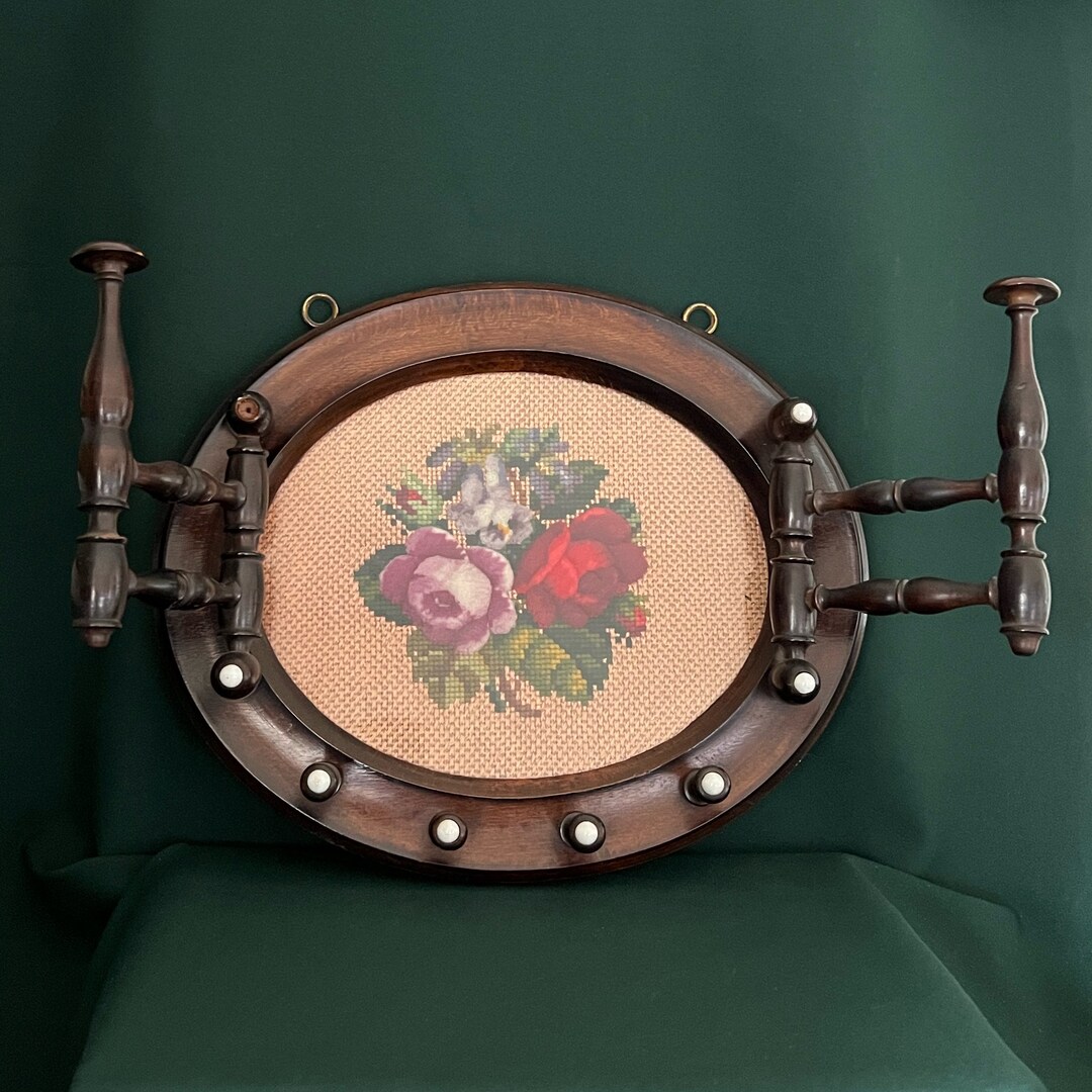 Red Rose Hook Rack 19th Century Hook Rack Roses Tapestry Embroidered Cherry Wood Kitchen ...