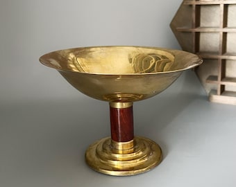 Brass pedestal bowl with wooden base - Ritual chalice - Vintage