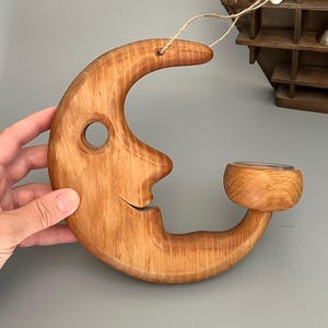 Crescent moon face candle holder - Vintage celestial wall hanging wooden candle holder - Whimsical home decor