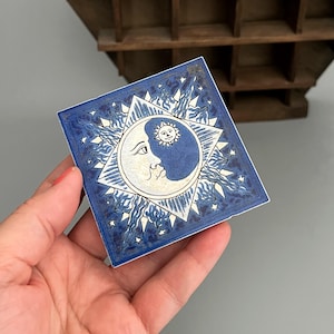 Sun Moon Ceramic Tile Ceramic Picture Wall Hanging 3”x3” - Blue White Celestial Wall Decor - Celestial Miniature - Vintage