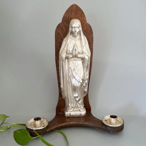 Holy Mary wall candle holder candlestick made of wood and metal 14.5” - Vintage altar candlestick for 2 candles - Altar decor
