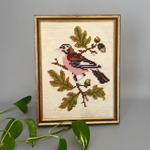 Vintage bird needlepoint in dark wooden frame - Bird sitting on an oak branch with leaves and acorns framed embroidery picture 10”x8”