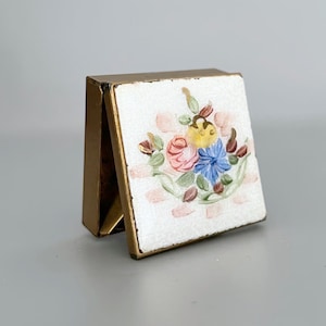 Floral Pill Box Brass Enamel Hand Painted - Brass Snuff Box - Vintage Collectible