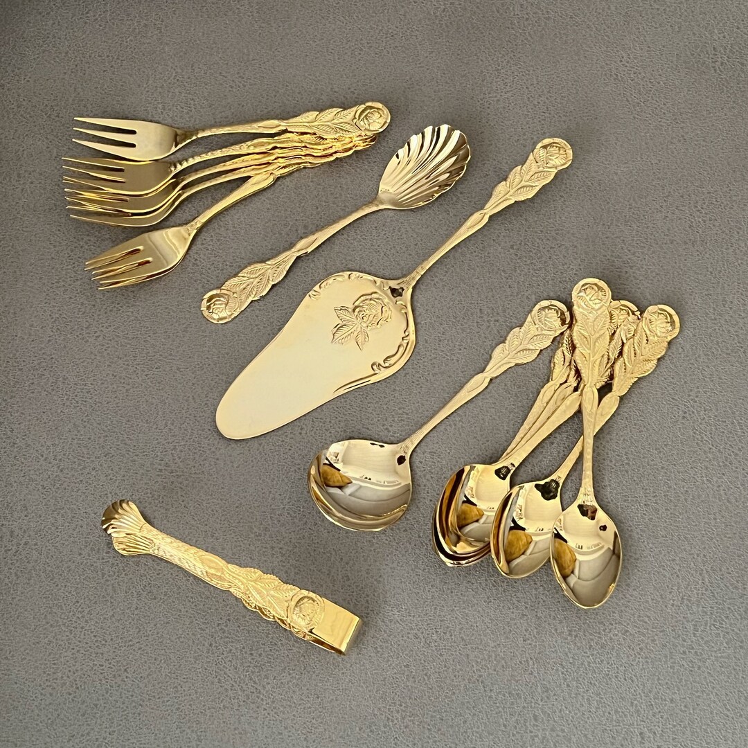 Gold Plated Dessert Cutlery 16 Piece Rose Design Vintage German