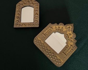 Brass mirror set - 2 small Moroccan ornate gold tone arch mirrors- Boho ethnic oriental wall decor