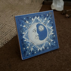 Vintage Sun & Moon Ceramic Tile – Witchy Celestial Wall Art – Mystical Altar Decor