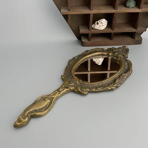 Antique Victorian Hand Mirror - Ornate Brass Cosmetic Mirror 10.6”x4.8”