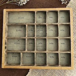Vintage träfodral med originalpappersetiketter - tryckfodral - smyckeorganisatör - kuriosadisplay