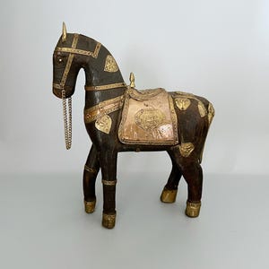 Dark Wood Horse Figure decorated with Brass and Copper - 7.8”x7” - Horse Wood Carving - Collectible Vintage Horse Figure
