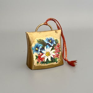 Brass cow bell vintage alpine flowers motif - Edelweiss Alpine Rose Gentian small floral rustic vintage cow bell - Witch bell