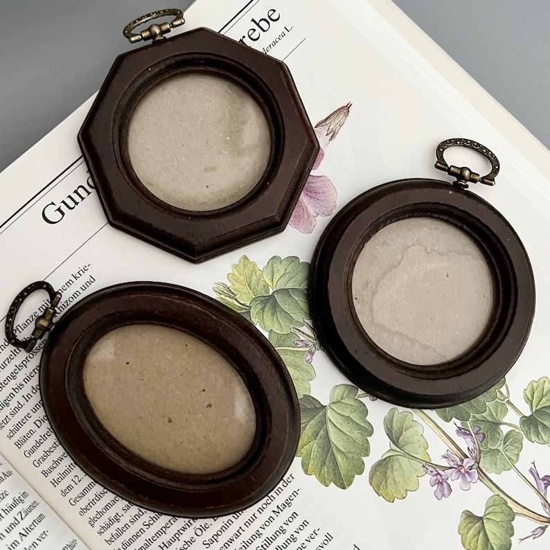 Dark Brown Frames Set of 3 Small Oval Round Hexagon Rustic Wooden
