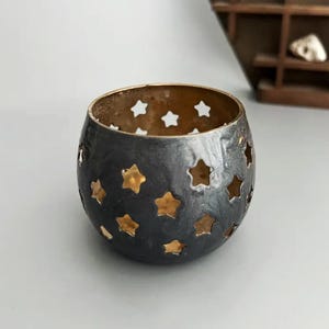 Celestial star tea light candle holder made of brass with blue enamel - Altar candle holder - Pagan home decor