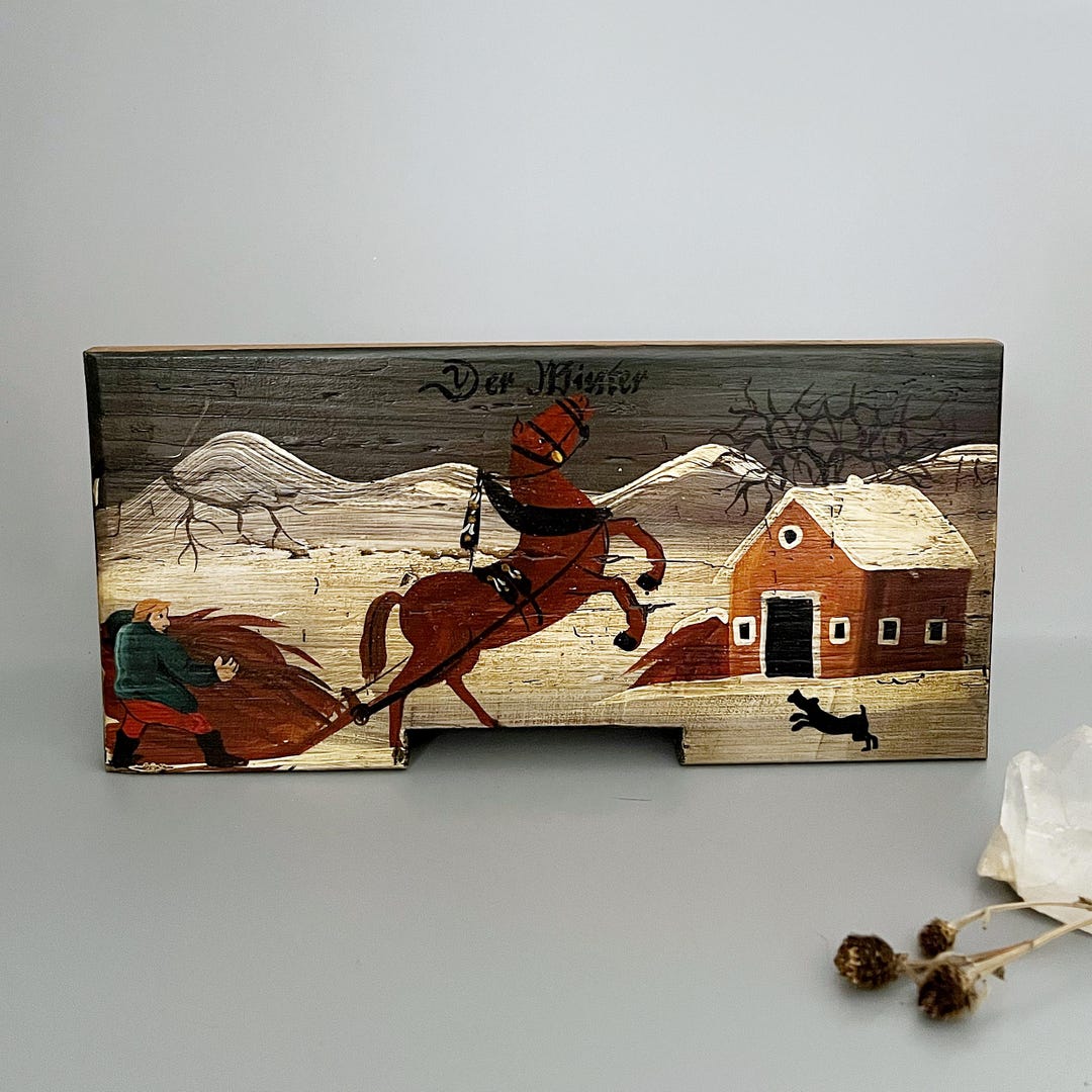 Vintage Folk Art Painting on Wood Panel – Winter Rural Scene – Hand ...