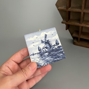 Blue White Delft Ceramic Tile Windmill Motif - Wall Hanging Vintage Dutch Tile 2.9” - Vintage Decorative Ceramic Tile