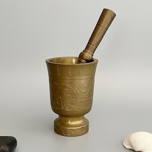 Witch Mortar Pestle Set  Etched Brass - Altar Offering Bowl - Wiccan Herb Grinder - Witch Apothecary Tools - Witchcraft