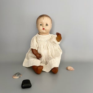 Antique German Doll - Sleeping Eyes Stuffed Body Rubber Arms Legs Original White Cambric Dress Doll - 14.5” - Vintage German Doll