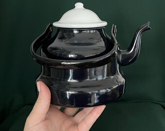 Enamelled Teapot Small Black White Enamel Tea Pot Vintage Kettle