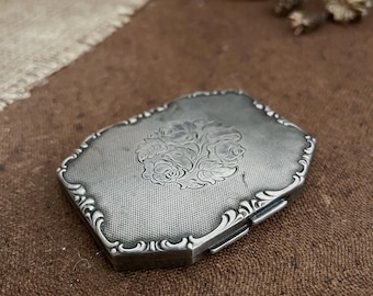 Vintage Alpaca Kraft Compact Mirror – Rose Engraved Powder Mirror – Art Deco Vanity Mirror