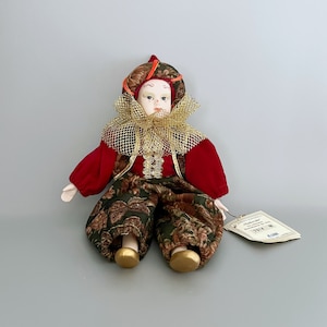 Pierrot Porcelain Doll - Bisque Porcelain -Marco Pierrot Clown Harlequin Collectors Doll with Authentic Certificate  - Vintage Collectible