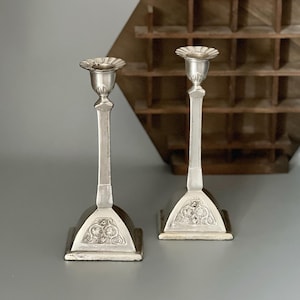 Candlestick Pair Antique Decorated Marked Made in Germany - 2 Antique Silver Plated German Altar Candleholders - 8“