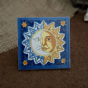Vintage Sun Moon Face Tile - Celestial Wall Art - Whimsical Decor