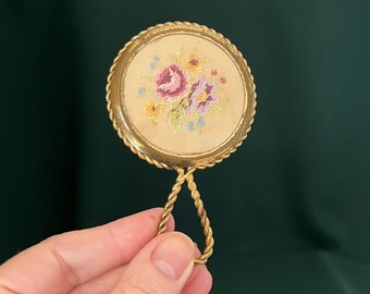 Vintage hand mirror with handle - Petit point embroidery small mirror for handbag