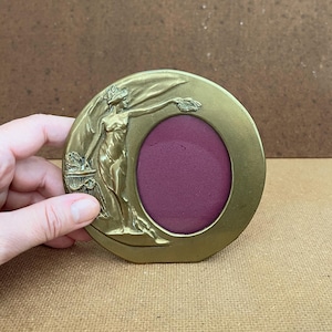 Vintage Art Nouveau Brass Picture Frame Round – Tabletop Frame with Glass – Female Figure