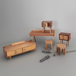 Vintage dollhouse wooden furniture - 2 nightstands, sideboard, table and 2 stools Vintage German dollhouse mid century furniture set