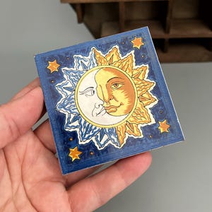 Sun Moon Tile Wall Hanging 3”x3” - Vintage Celestial Ceramic Tile Wall Decor - Whimsical Miniatur