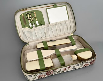 Travel care kit and manicure set in a floral tapestry travel case – Vanity travel kit - marked Crossed Palms Germany – Vintage Mid Century