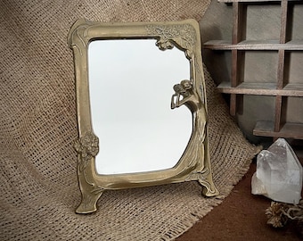 Art Nouveau Brass Table Mirror – Jugendstil Lady Frame – Vintage Vanity Mirror
