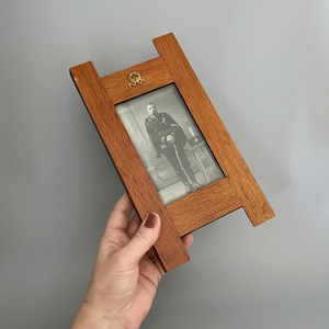 Art Deco Photo Frame with Photo of Man in Antique Military Clothing - Antique German Wooden Foto Frame with Facet Cut Glass 10”x5.5”