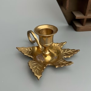 Maple Leaf Brass Candle Holder with Handle - Chamber Candlestick Holder - Small Candlestick - Altar Decor - Mid Century Modern Brass Decor