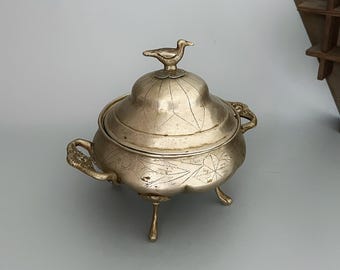 Antique Footed Cauldron with Bird Finial and Ram Head Handles - Witch Cauldron