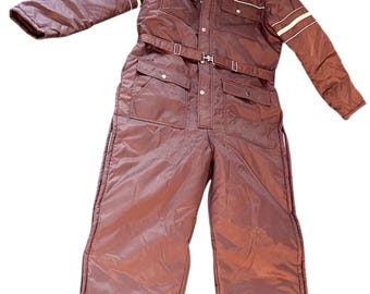 Sz 42 44 Sears Work Leisure Snowsuit Ski Overalls Brown Reflect Stripes 51-43822 Detachable Hood Pockets