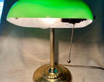 1997 Bankers Office Desk Lamp with Emerald Green Glass Shade and Brass Base see CORD Damage